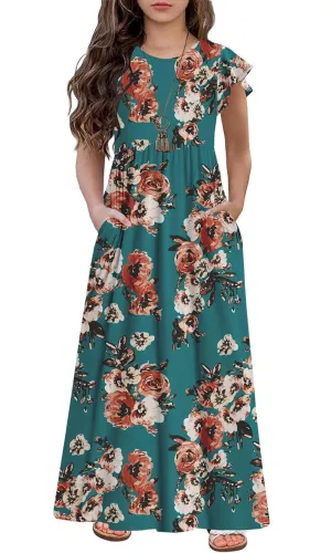 HOSIKA Girls Floral Maxi Dress Boho Ruffle Sleeve Pleated Casual A-line Swing Dresses with Pockets 6-12 Years
