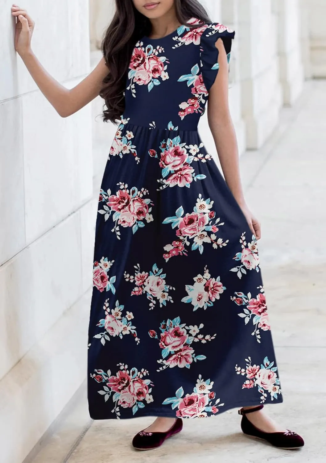 HOSIKA Girls Floral Maxi Dress Boho Ruffle Sleeve Pleated Casual A-line Swing Dresses with Pockets 6-12 Years