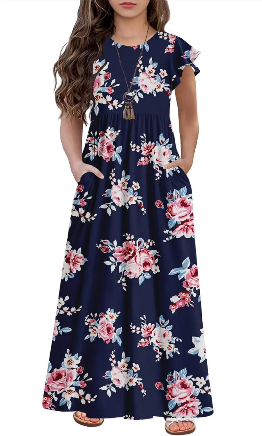 HOSIKA Girls Floral Maxi Dress Boho Ruffle Sleeve Pleated Casual A-line Swing Dresses with Pockets 6-12 Years