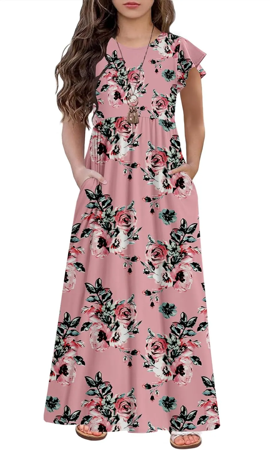 HOSIKA Girls Floral Maxi Dress Boho Ruffle Sleeve Pleated Casual A-line Swing Dresses with Pockets 6-12 Years