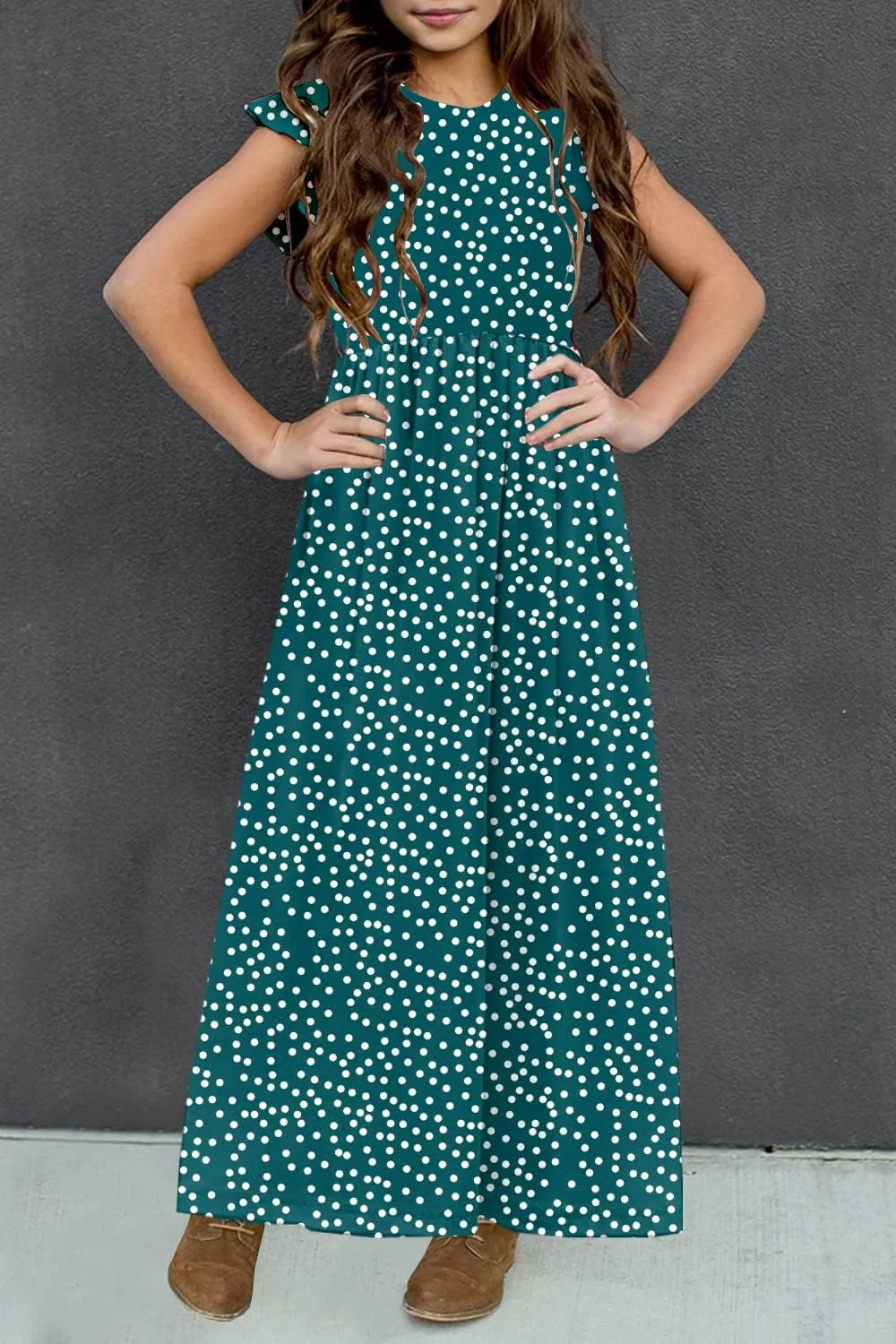 HOSIKA Girls Floral Maxi Dress Boho Ruffle Sleeve Pleated Casual A-line Swing Dresses with Pockets 6-12 Years