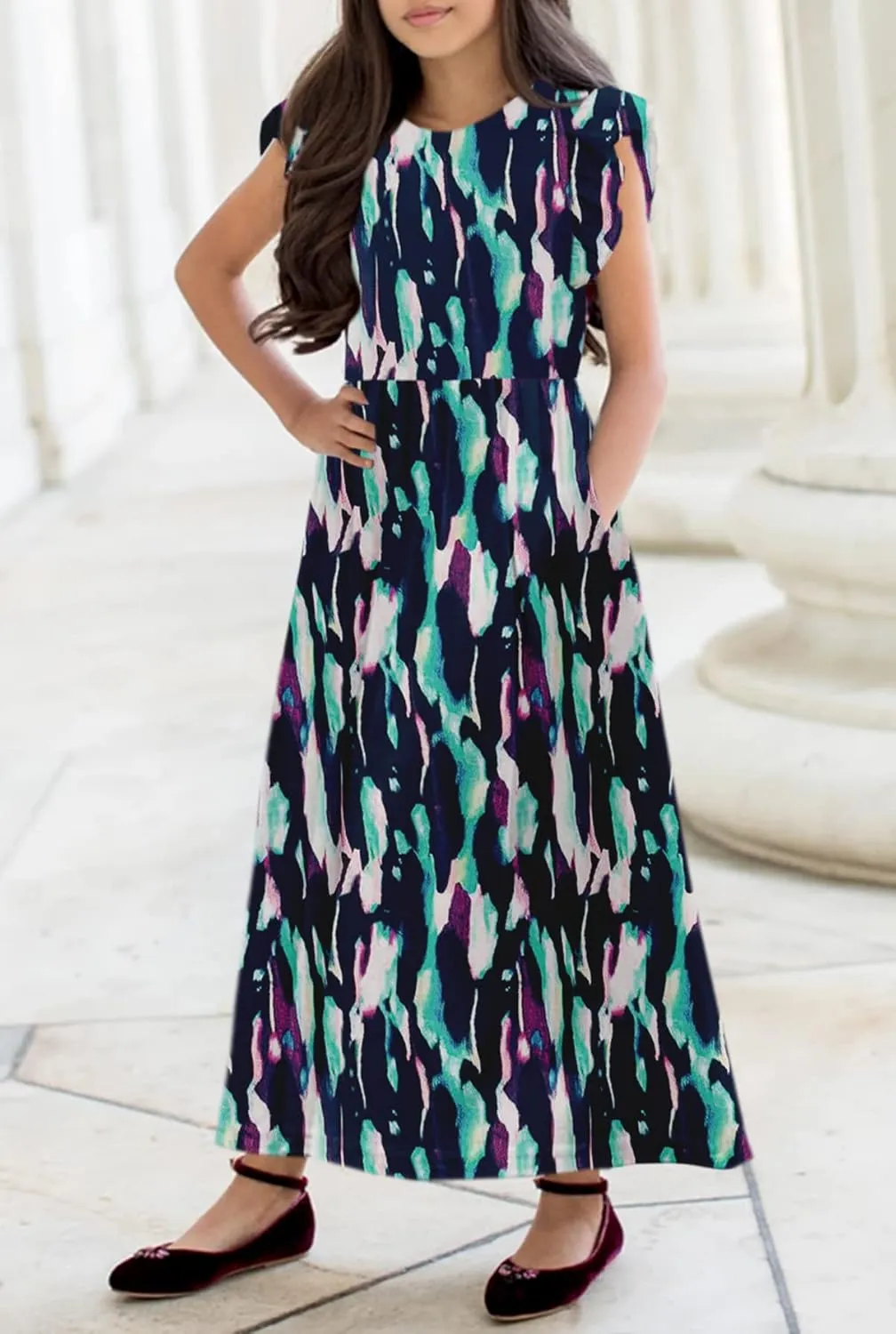 HOSIKA Girls Floral Maxi Dress Boho Ruffle Sleeve Pleated Casual A-line Swing Dresses with Pockets 6-12 Years