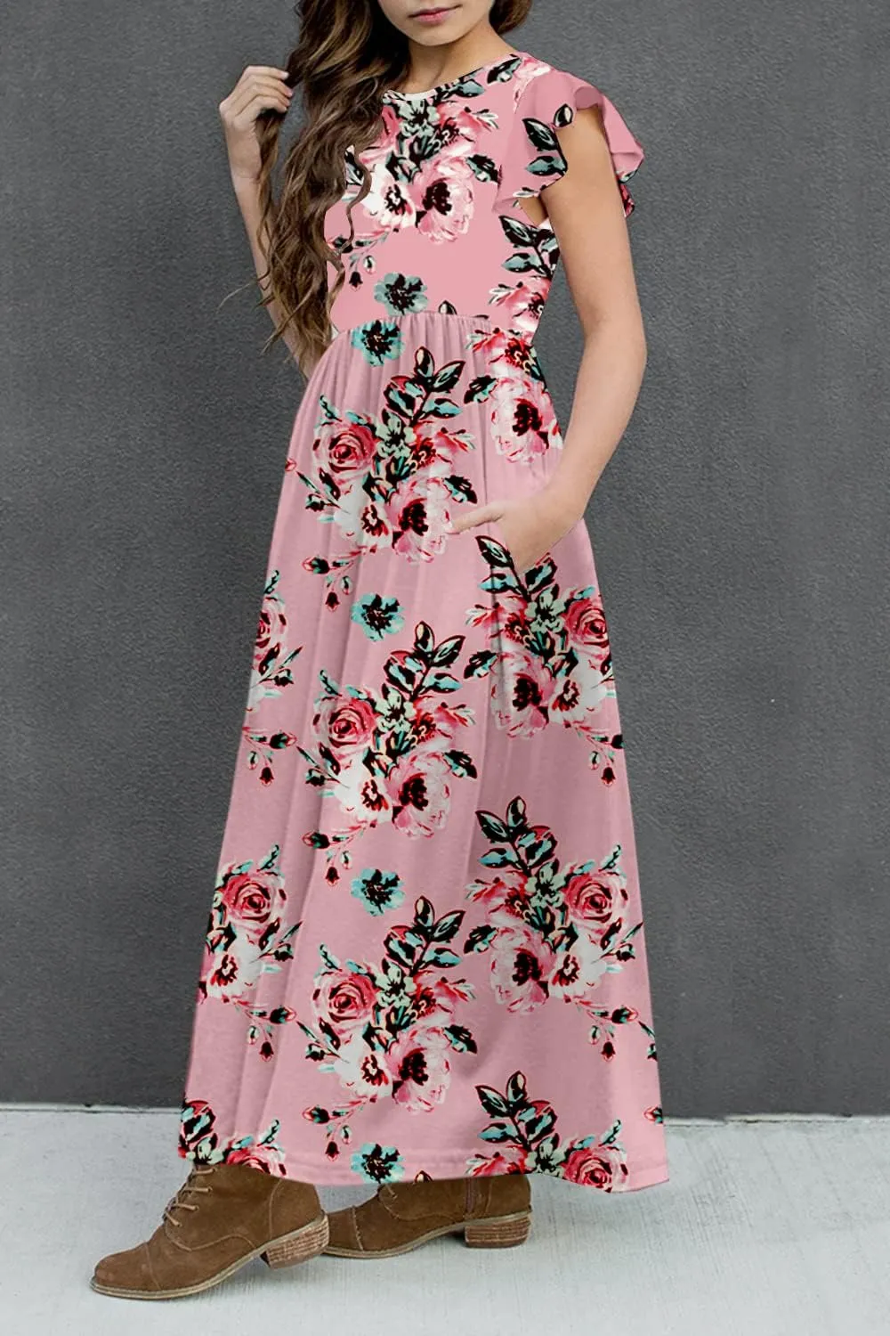HOSIKA Girls Floral Maxi Dress Boho Ruffle Sleeve Pleated Casual A-line Swing Dresses with Pockets 6-12 Years