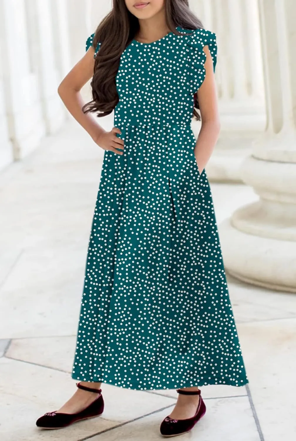 HOSIKA Girls Floral Maxi Dress Boho Ruffle Sleeve Pleated Casual A-line Swing Dresses with Pockets 6-12 Years