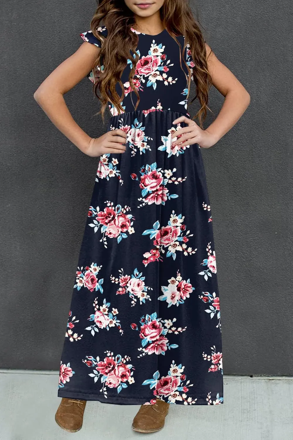 HOSIKA Girls Floral Maxi Dress Boho Ruffle Sleeve Pleated Casual A-line Swing Dresses with Pockets 6-12 Years
