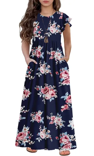 HOSIKA Girls Floral Maxi Dress Boho Ruffle Sleeve Pleated Casual A-line Swing Dresses with Pockets 6-12 Years