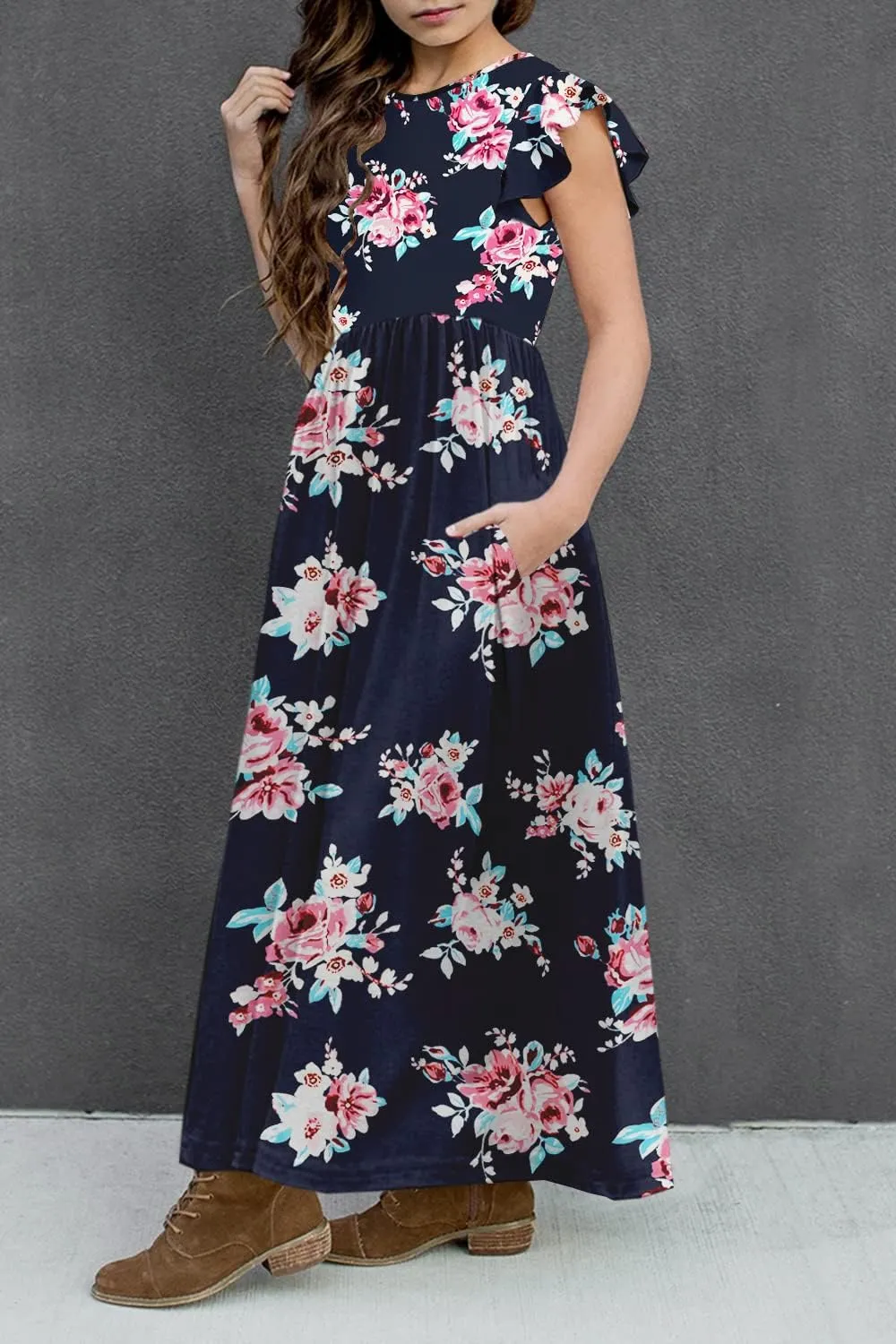 HOSIKA Girls Floral Maxi Dress Boho Ruffle Sleeve Pleated Casual A-line Swing Dresses with Pockets 6-12 Years