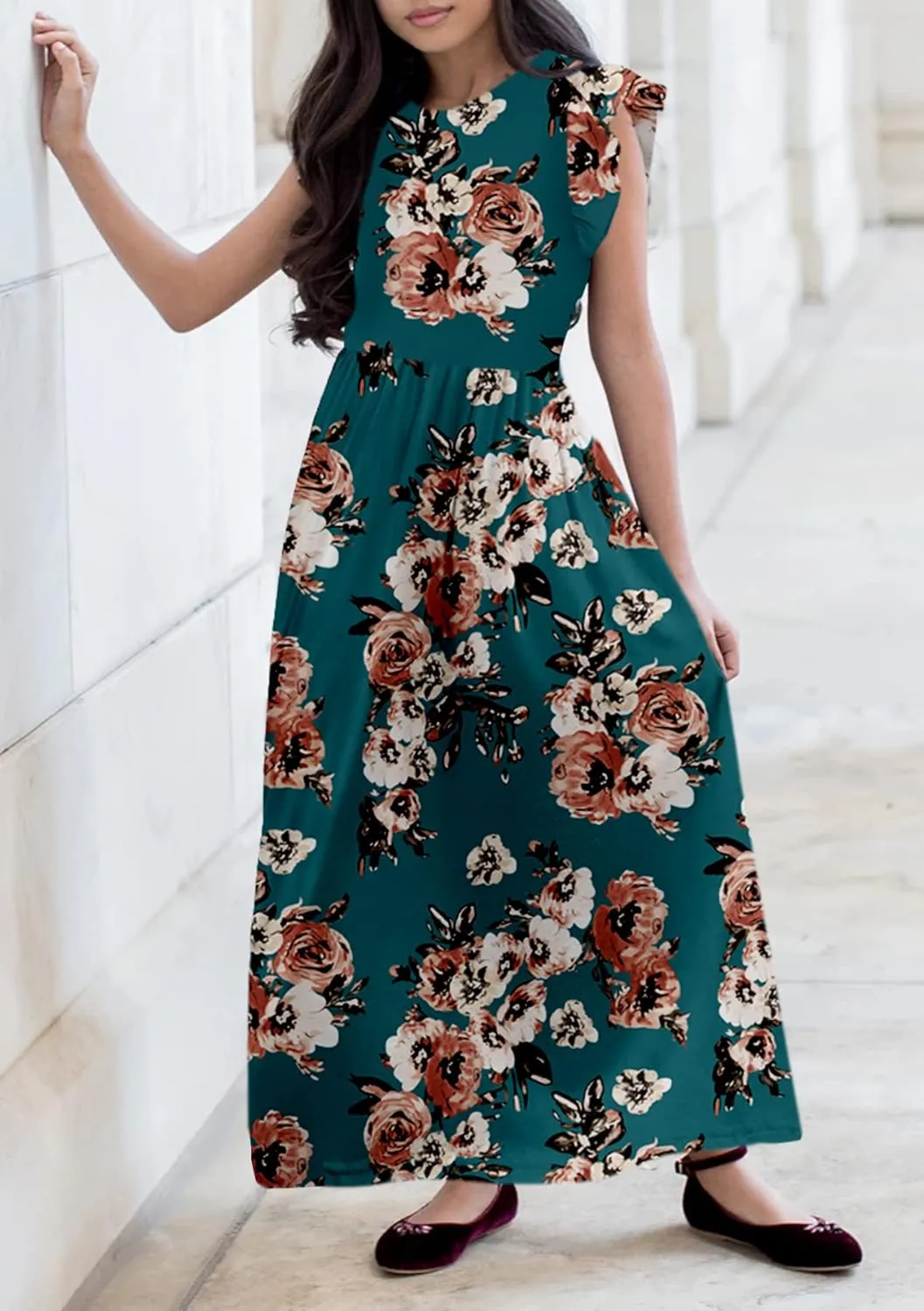 HOSIKA Girls Floral Maxi Dress Boho Ruffle Sleeve Pleated Casual A-line Swing Dresses with Pockets 6-12 Years