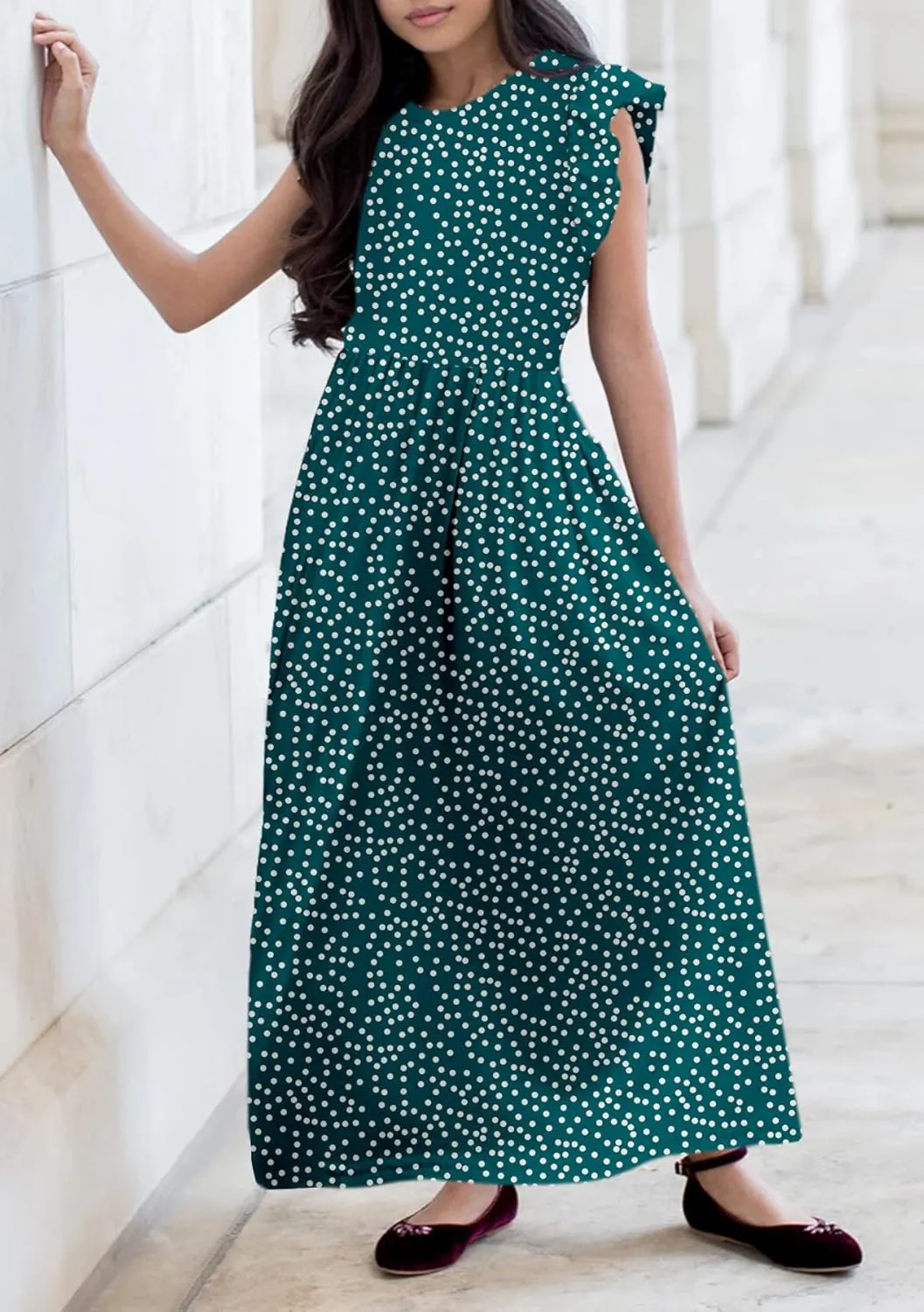 HOSIKA Girls Floral Maxi Dress Boho Ruffle Sleeve Pleated Casual A-line Swing Dresses with Pockets 6-12 Years