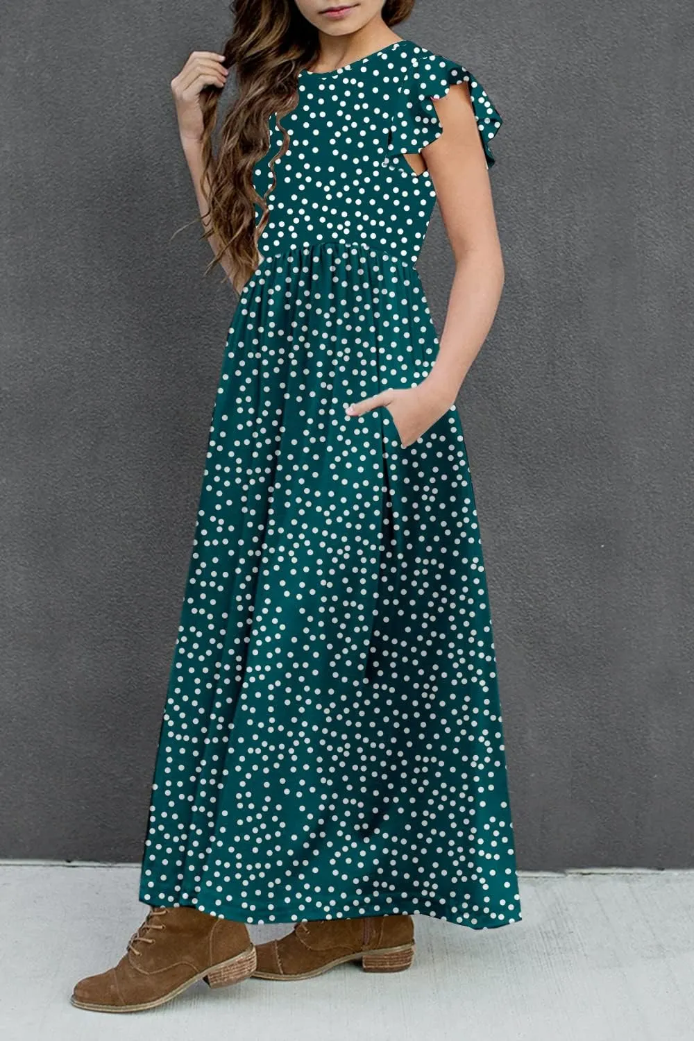 HOSIKA Girls Floral Maxi Dress Boho Ruffle Sleeve Pleated Casual A-line Swing Dresses with Pockets 6-12 Years