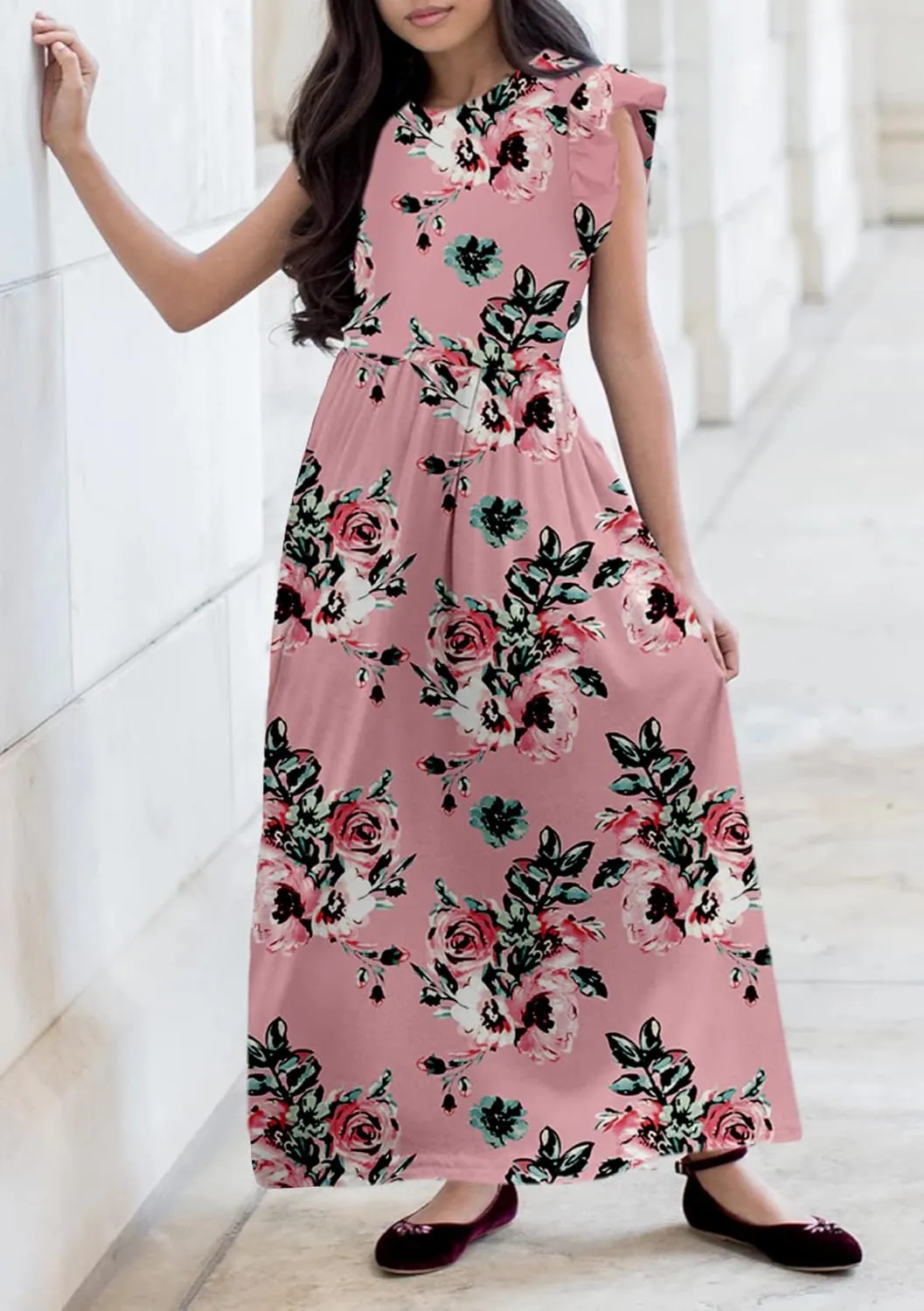 HOSIKA Girls Floral Maxi Dress Boho Ruffle Sleeve Pleated Casual A-line Swing Dresses with Pockets 6-12 Years