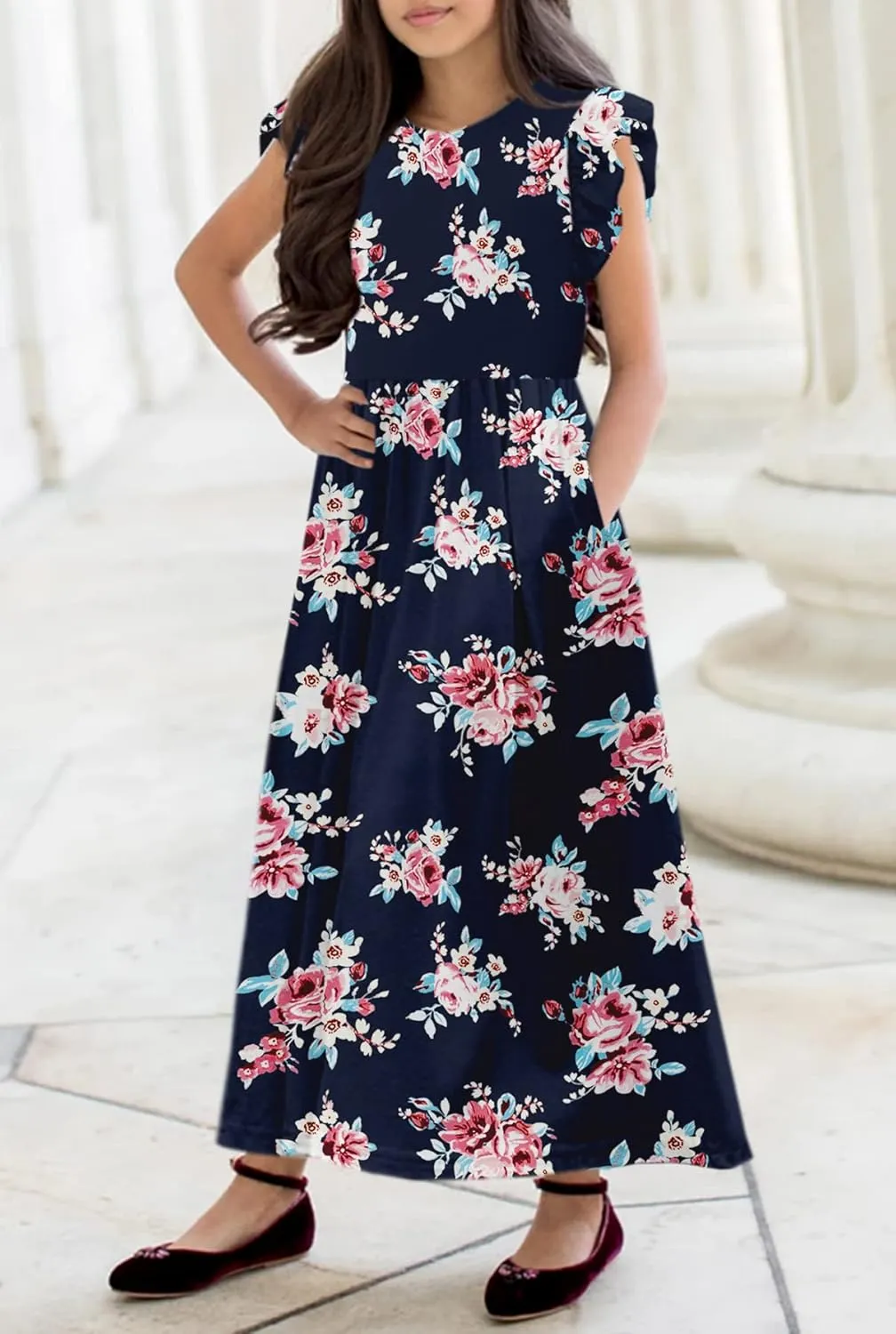 HOSIKA Girls Floral Maxi Dress Boho Ruffle Sleeve Pleated Casual A-line Swing Dresses with Pockets 6-12 Years