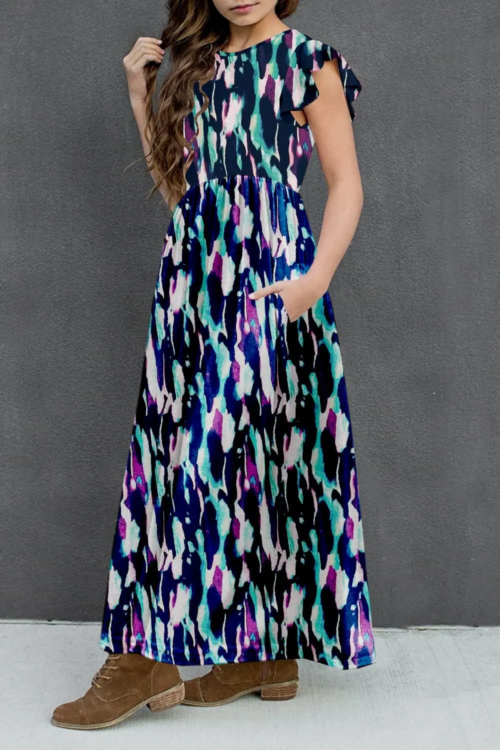 HOSIKA Girls Floral Maxi Dress Boho Ruffle Sleeve Pleated Casual A-line Swing Dresses with Pockets 6-12 Years