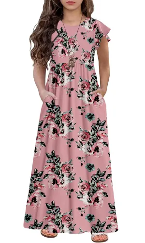 HOSIKA Girls Floral Maxi Dress Boho Ruffle Sleeve Pleated Casual A-line Swing Dresses with Pockets 6-12 Years