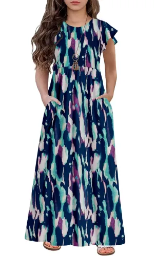 HOSIKA Girls Floral Maxi Dress Boho Ruffle Sleeve Pleated Casual A-line Swing Dresses with Pockets 6-12 Years