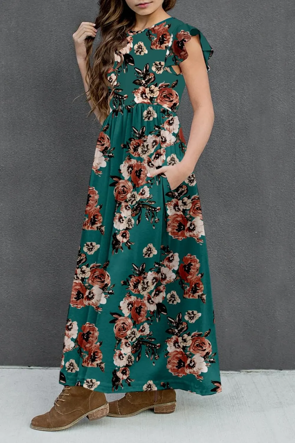 HOSIKA Girls Floral Maxi Dress Boho Ruffle Sleeve Pleated Casual A-line Swing Dresses with Pockets 6-12 Years