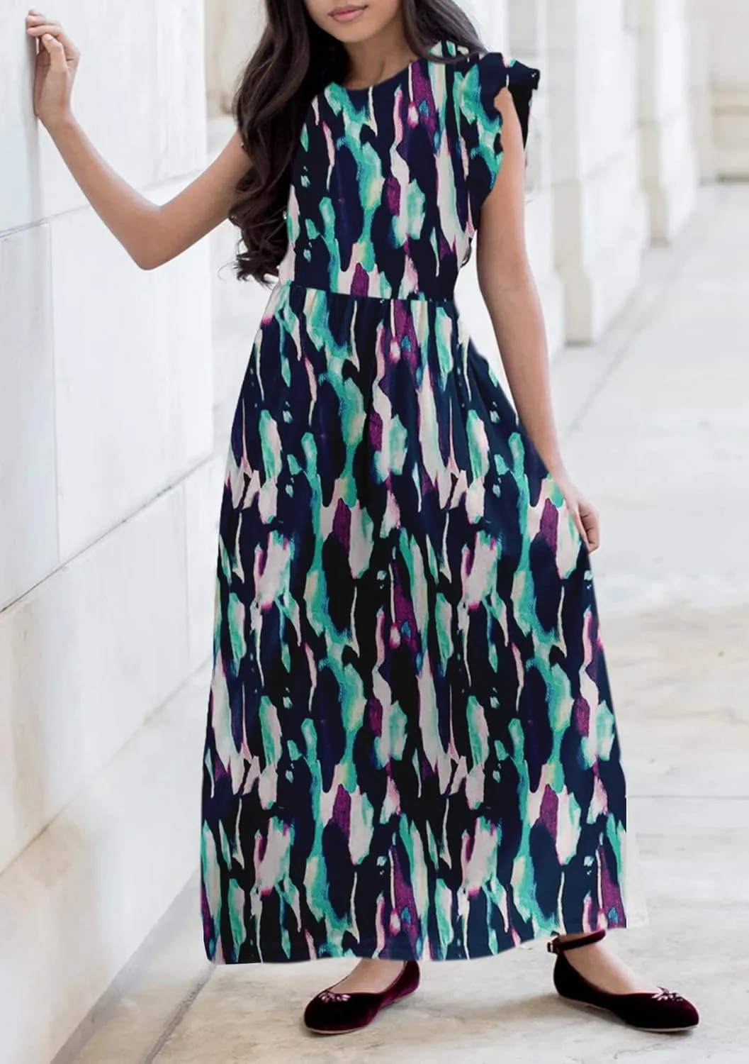HOSIKA Girls Floral Maxi Dress Boho Ruffle Sleeve Pleated Casual A-line Swing Dresses with Pockets 6-12 Years