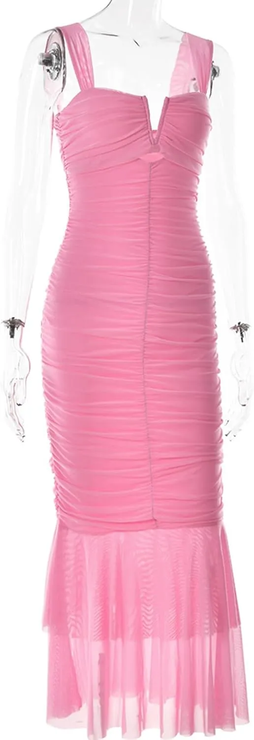 houstil Women's Strap Wedding Guest Dress Wrinkles Mesh Bodycon Party Maxi Cocktail Cut Out Clubwear Summer