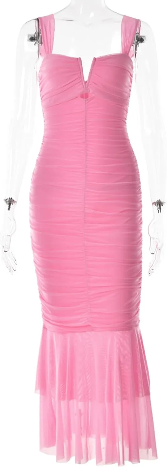 houstil Women's Strap Wedding Guest Dress Wrinkles Mesh Bodycon Party Maxi Cocktail Cut Out Clubwear Summer