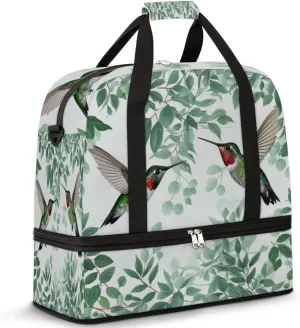 Hummingbirds Leaves Travel Duffel Bag for Women Men, Green Bird Sports Gym Bag with Shoes Compartment Foldable Overnight Bag Weekender Tote Workout Carry On Luggage Bag