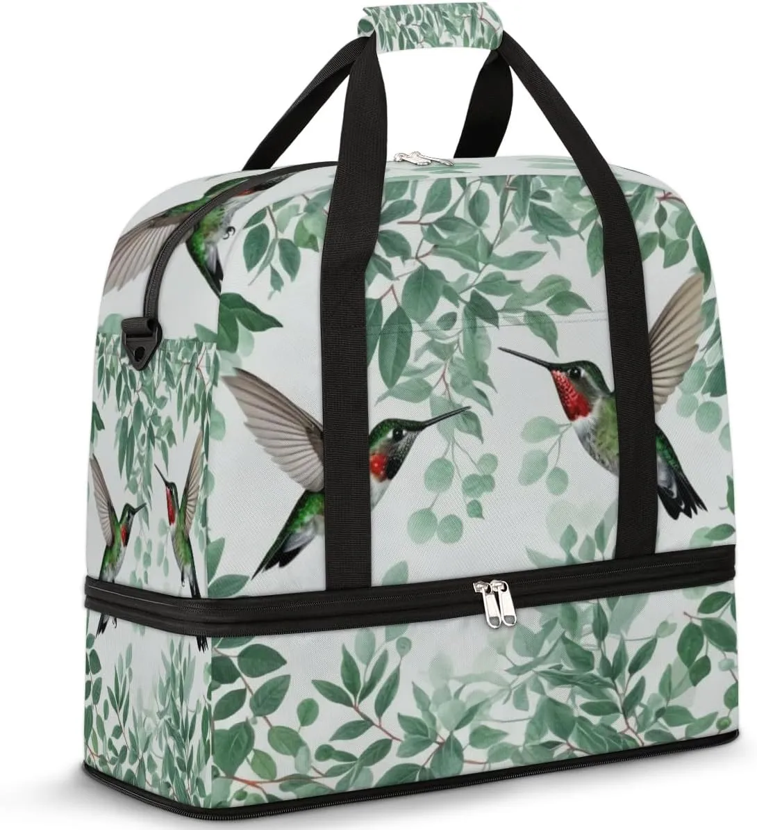 Hummingbirds Leaves Travel Duffel Bag for Women Men, Green Bird Sports Gym Bag with Shoes Compartment Foldable Overnight Bag Weekender Tote Workout Carry On Luggage Bag