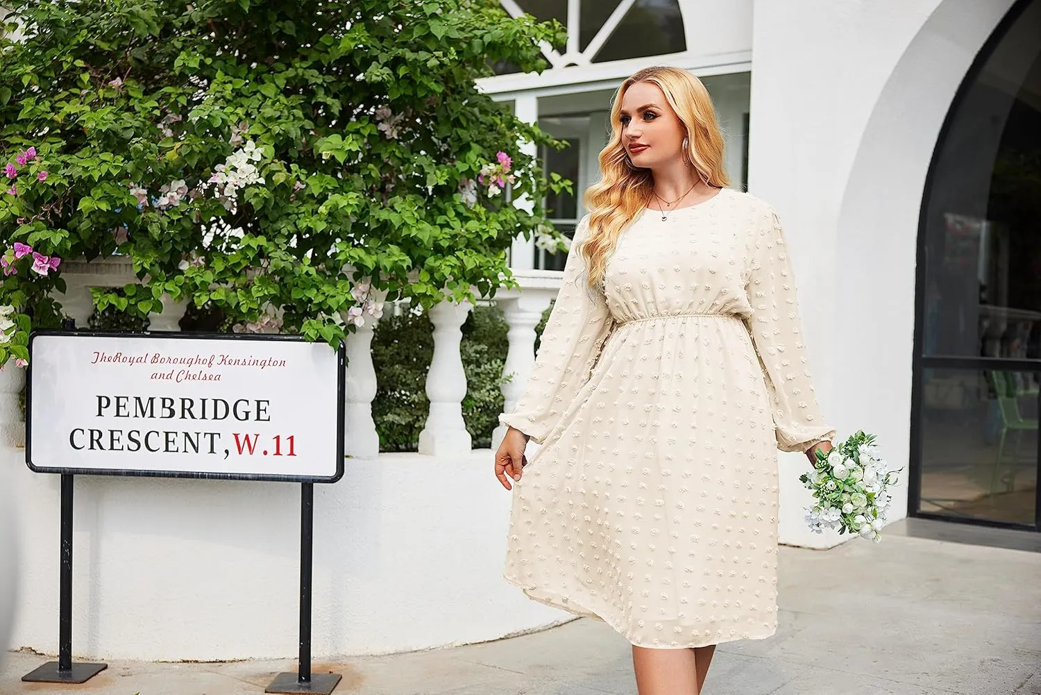 IN'VOLAND Women's Plus Size Swiss Dot Long Sleeve Chiffon Dress Flowy High Waist A Line Ruffle Babydoll Midi Dresses 16W-24W