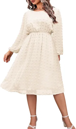 IN'VOLAND Women's Plus Size Swiss Dot Long Sleeve Chiffon Dress Flowy High Waist A Line Ruffle Babydoll Midi Dresses 16W-24W