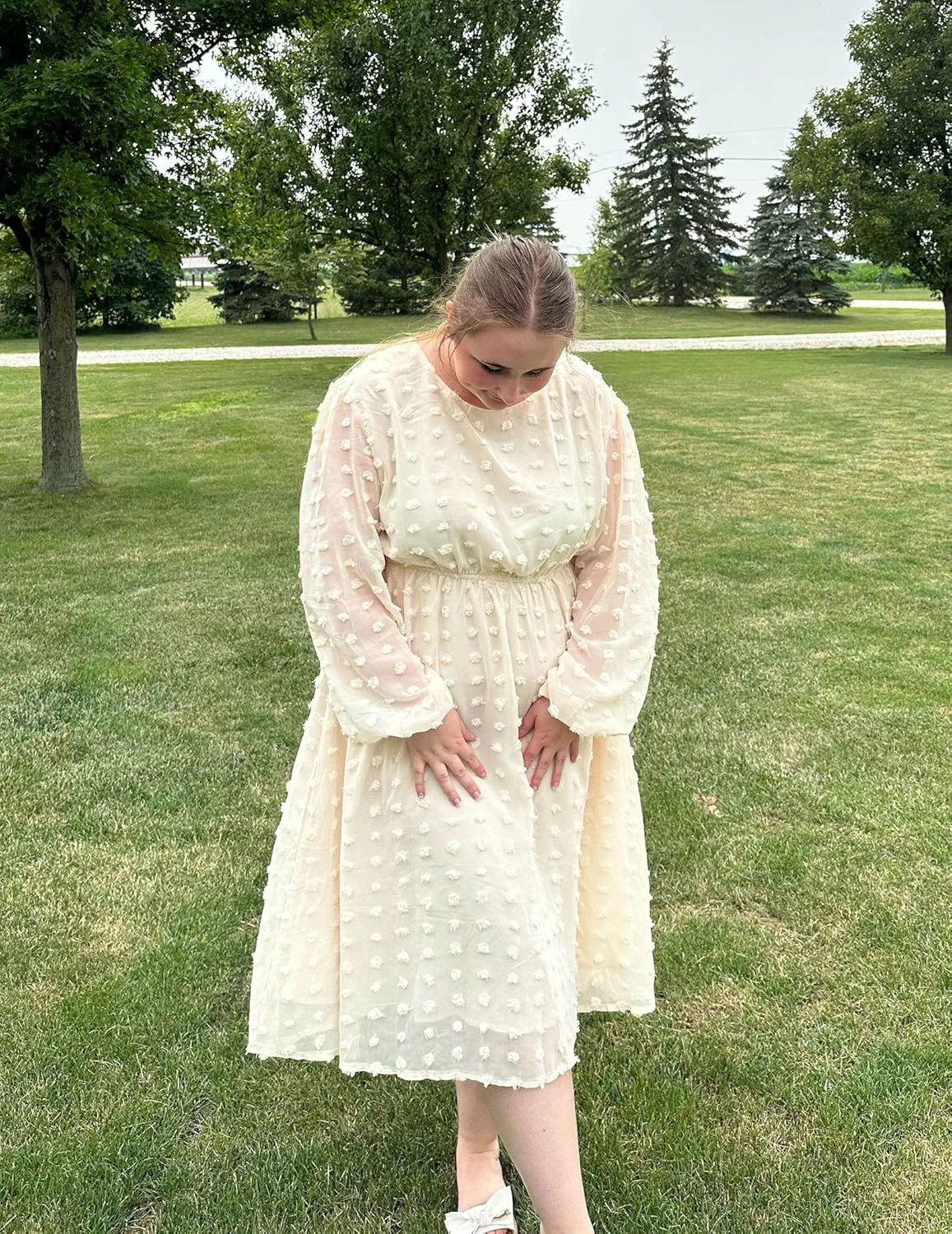 IN'VOLAND Women's Plus Size Swiss Dot Long Sleeve Chiffon Dress Flowy High Waist A Line Ruffle Babydoll Midi Dresses 16W-24W