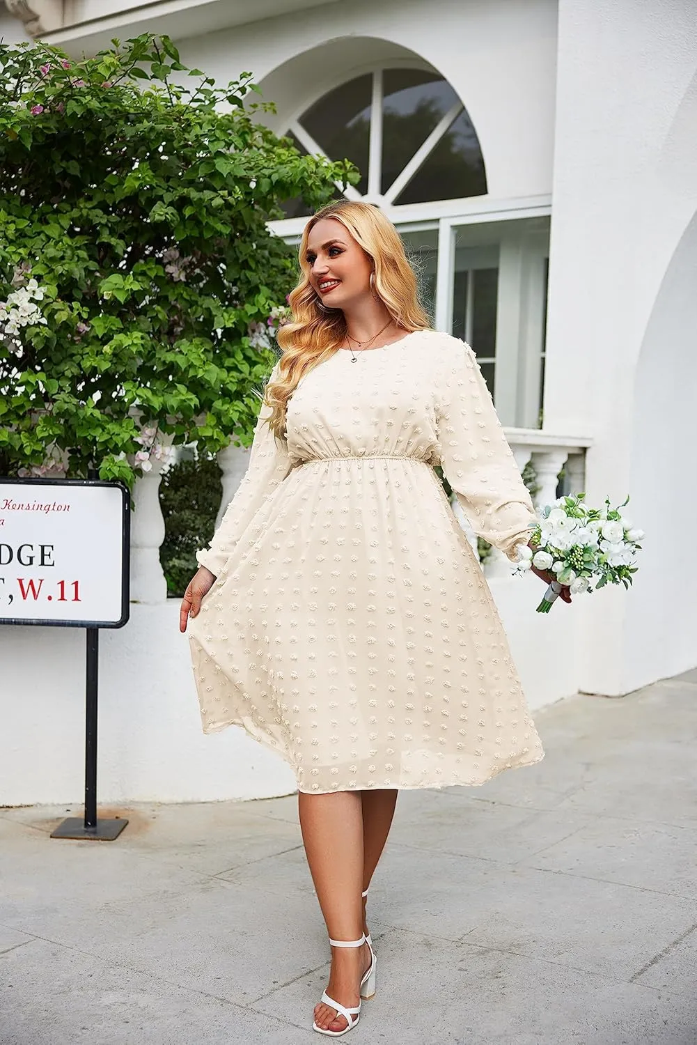 IN'VOLAND Women's Plus Size Swiss Dot Long Sleeve Chiffon Dress Flowy High Waist A Line Ruffle Babydoll Midi Dresses 16W-24W