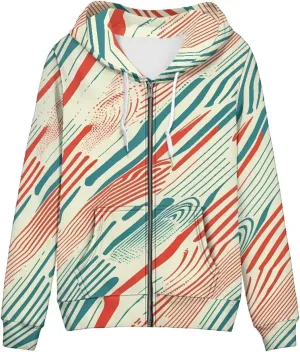 Irisjudy Retro Camellia Zip Long Sleeve Hoodies with Pocket Neon Lines Oversized Hooded Turquoise Spiral Casual Sweatshirts