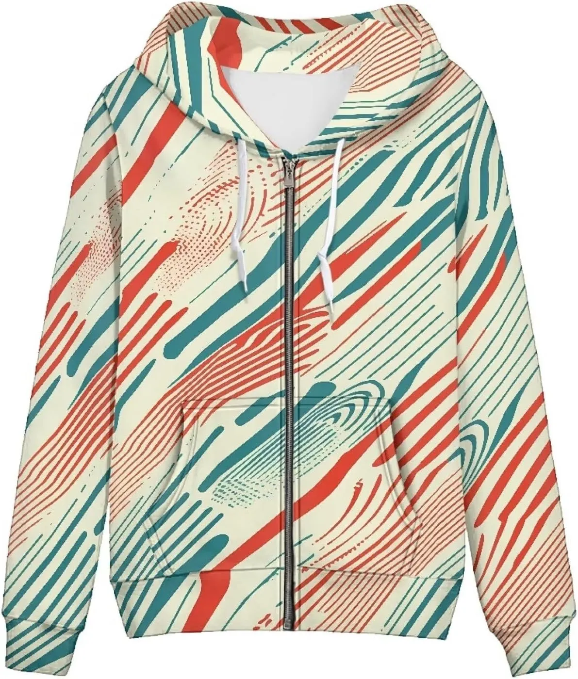 Irisjudy Retro Camellia Zip Long Sleeve Hoodies with Pocket Neon Lines Oversized Hooded Turquoise Spiral Casual Sweatshirts