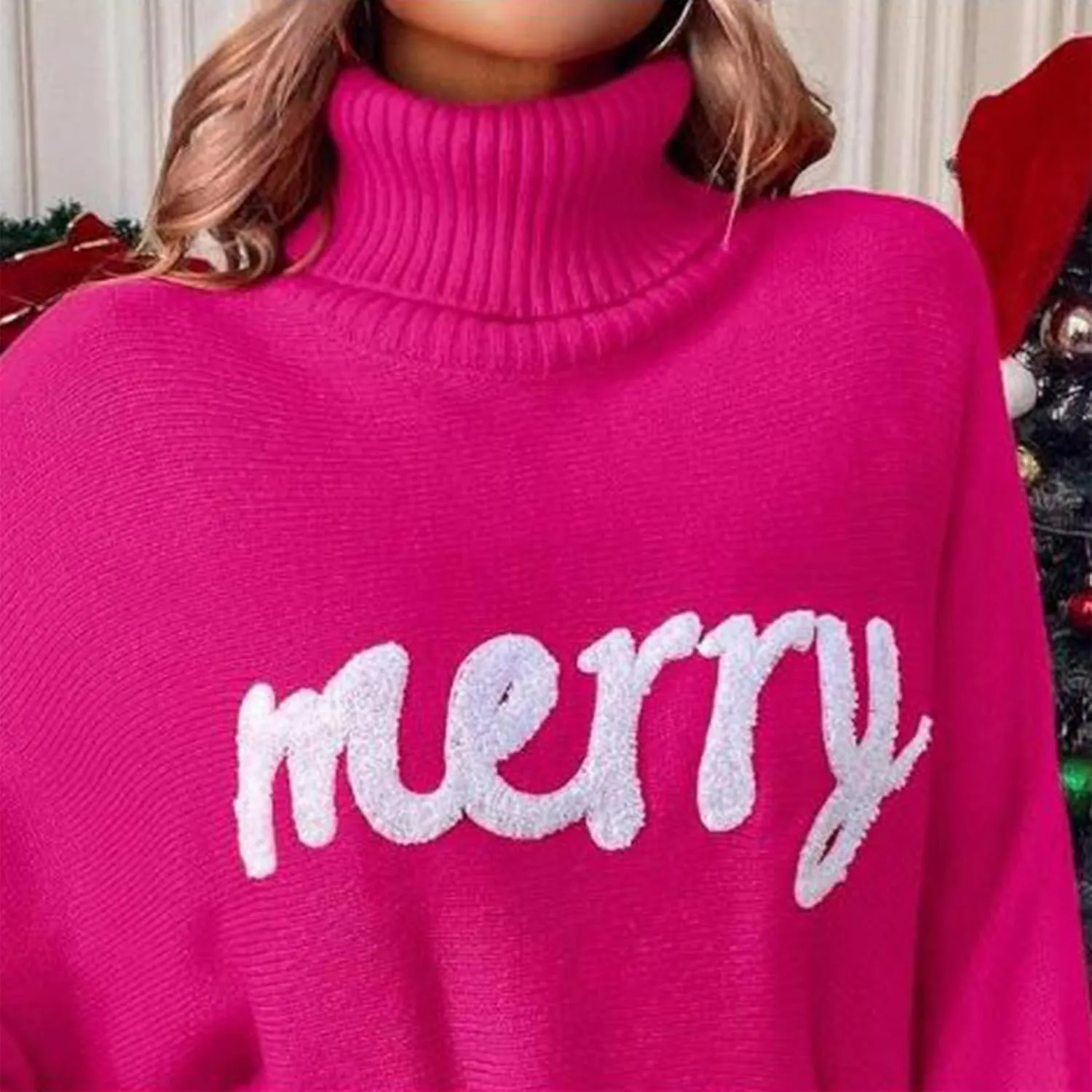iTranyee Women Ugly Christmas Oversized Turtleneck Pullover Sweater Cute Merry Print Batwing Sleeve Loose Jumper Fall Outfits