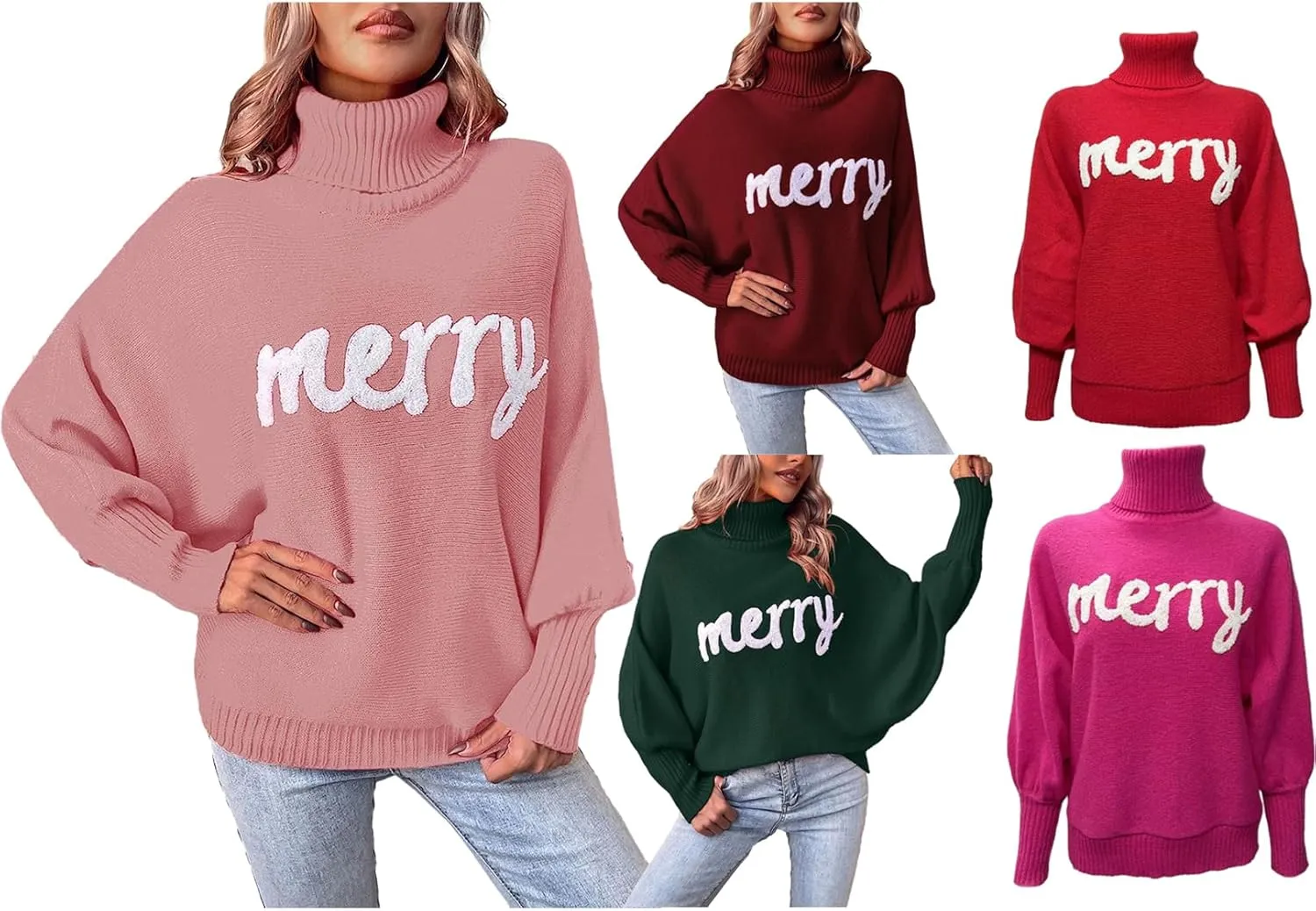 iTranyee Women Ugly Christmas Oversized Turtleneck Pullover Sweater Cute Merry Print Batwing Sleeve Loose Jumper Fall Outfits