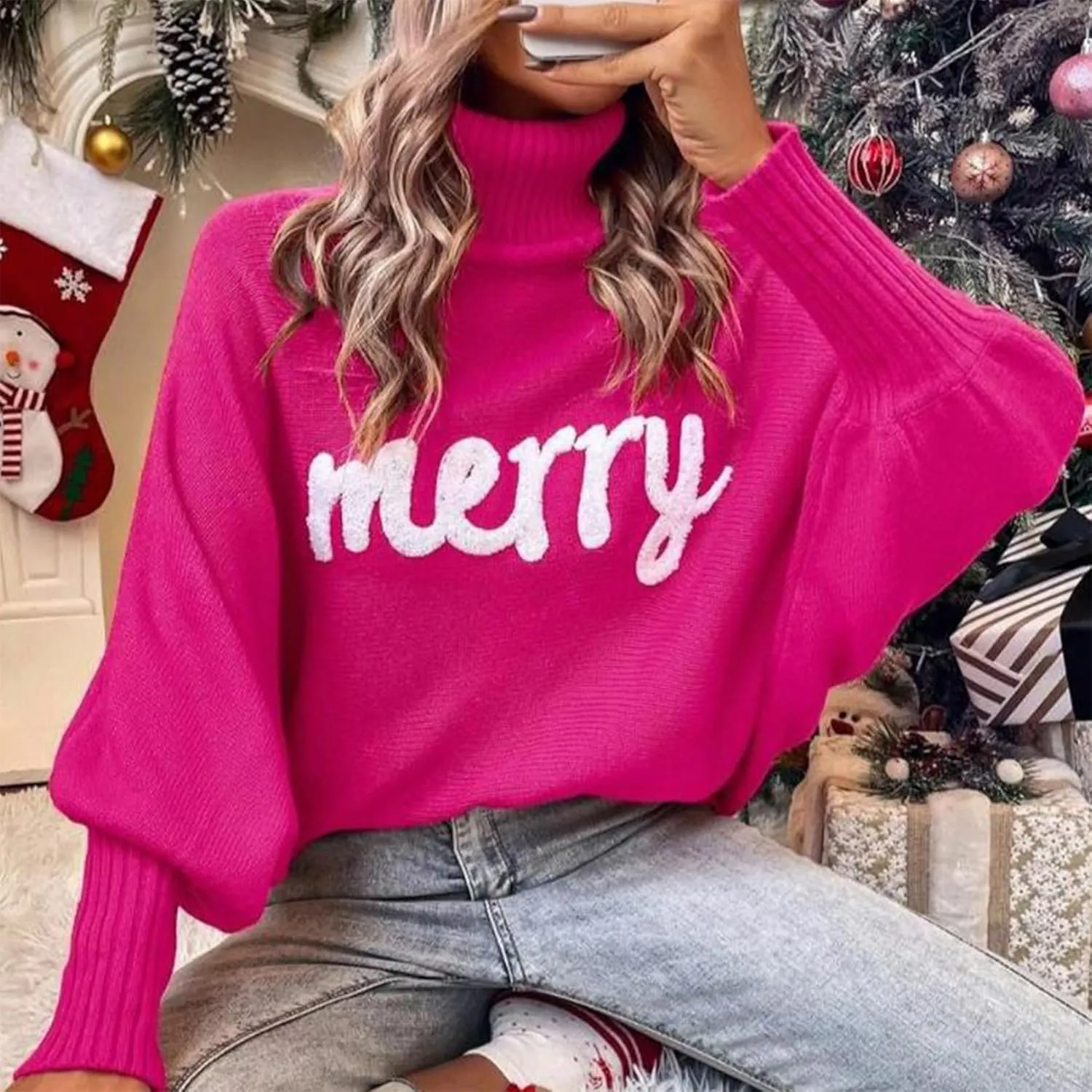 iTranyee Women Ugly Christmas Oversized Turtleneck Pullover Sweater Cute Merry Print Batwing Sleeve Loose Jumper Fall Outfits