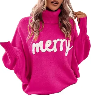 iTranyee Women Ugly Christmas Oversized Turtleneck Pullover Sweater Cute Merry Print Batwing Sleeve Loose Jumper Fall Outfits