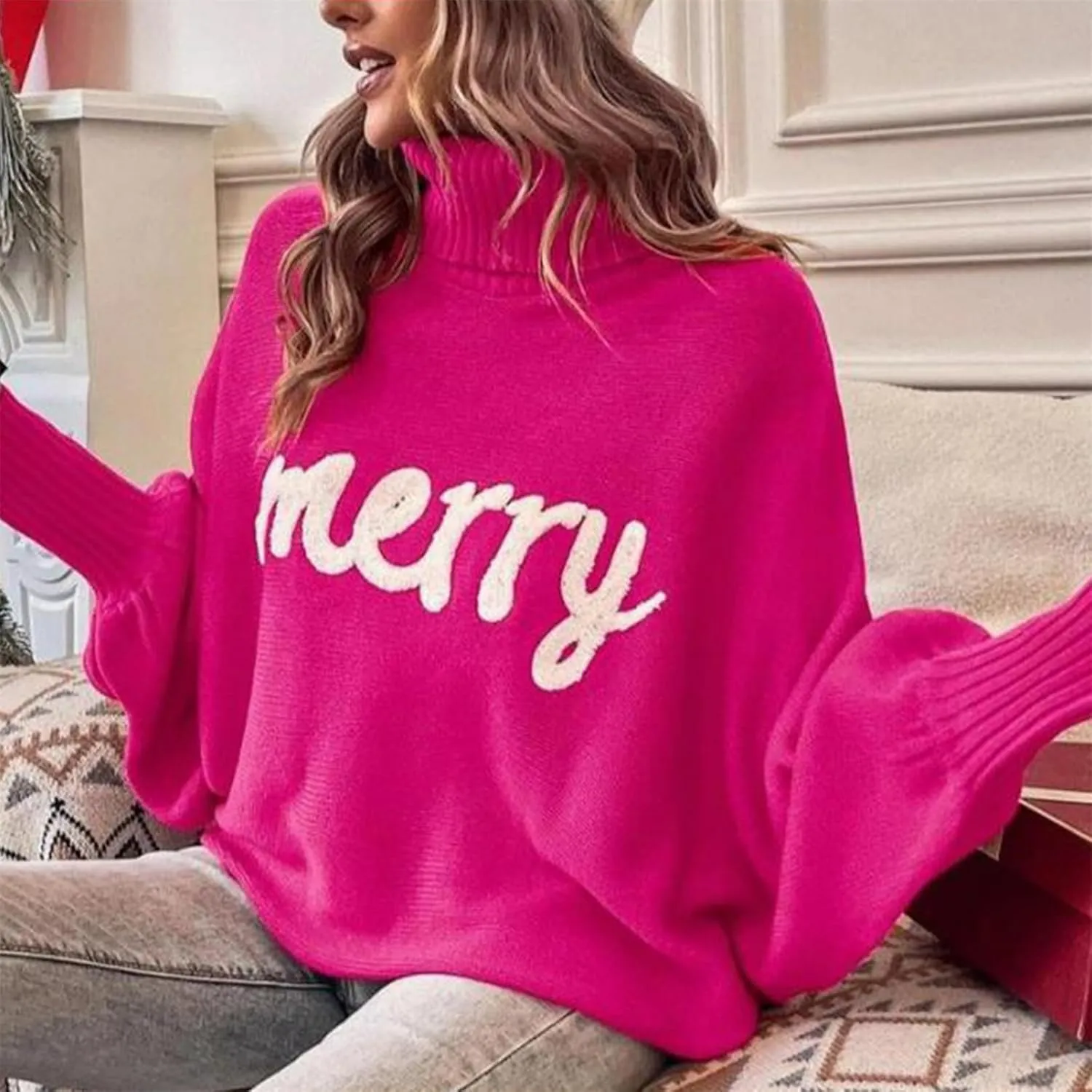 iTranyee Women Ugly Christmas Oversized Turtleneck Pullover Sweater Cute Merry Print Batwing Sleeve Loose Jumper Fall Outfits