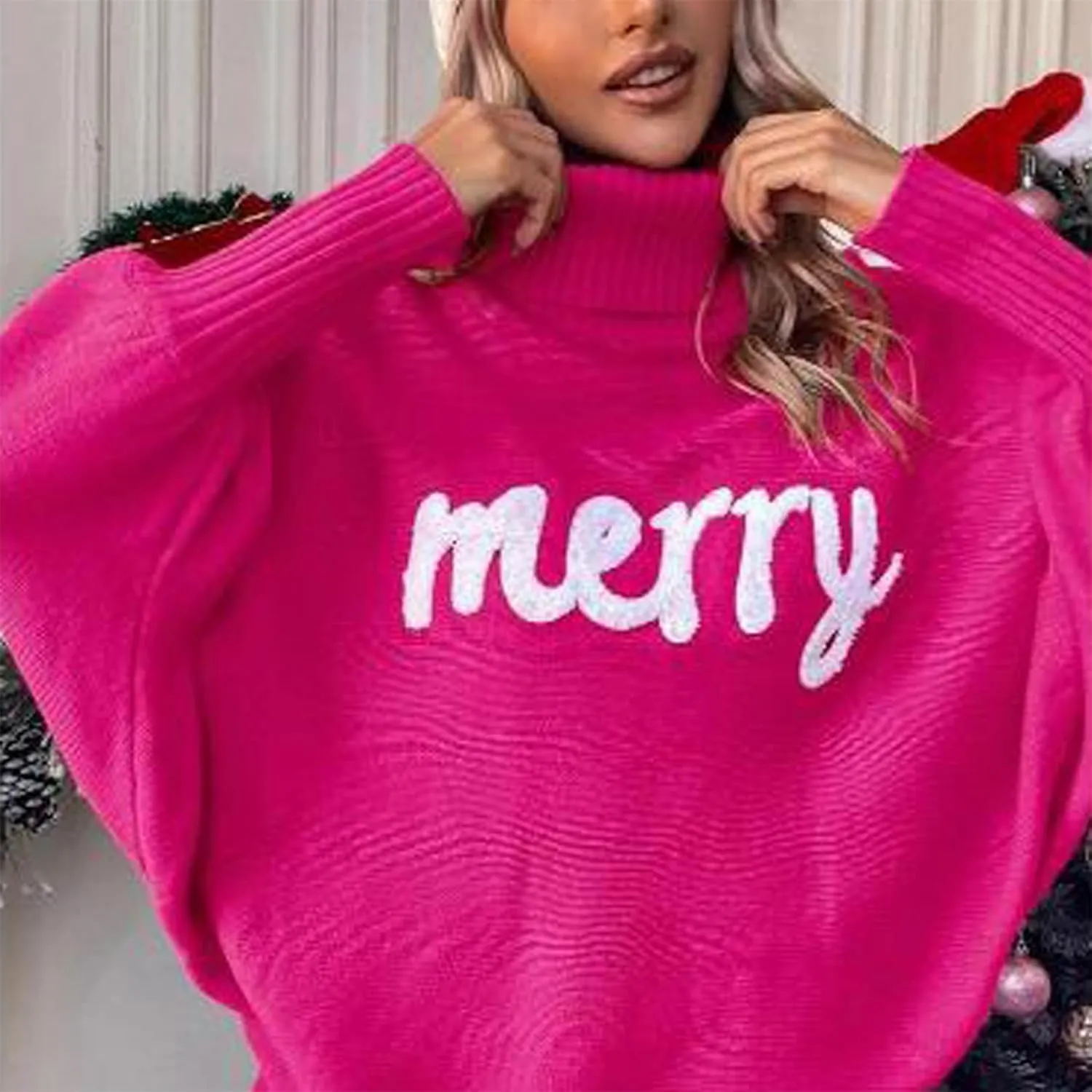 iTranyee Women Ugly Christmas Oversized Turtleneck Pullover Sweater Cute Merry Print Batwing Sleeve Loose Jumper Fall Outfits