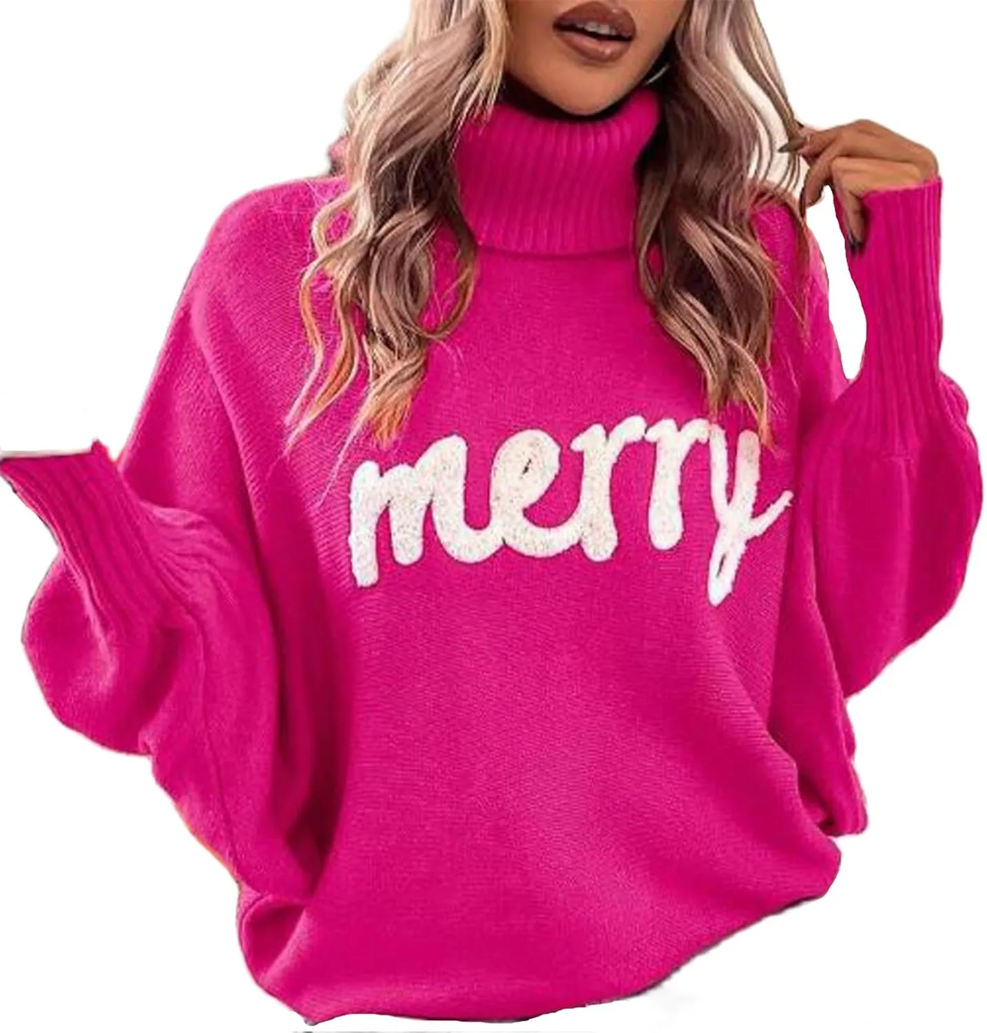 iTranyee Women Ugly Christmas Oversized Turtleneck Pullover Sweater Cute Merry Print Batwing Sleeve Loose Jumper Fall Outfits