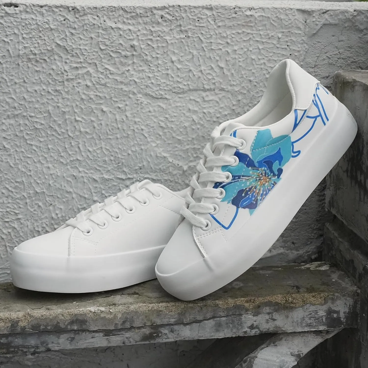 JABASIC Women Platform Sneakers Lace-up Floral Print Fashion Walking Shoes