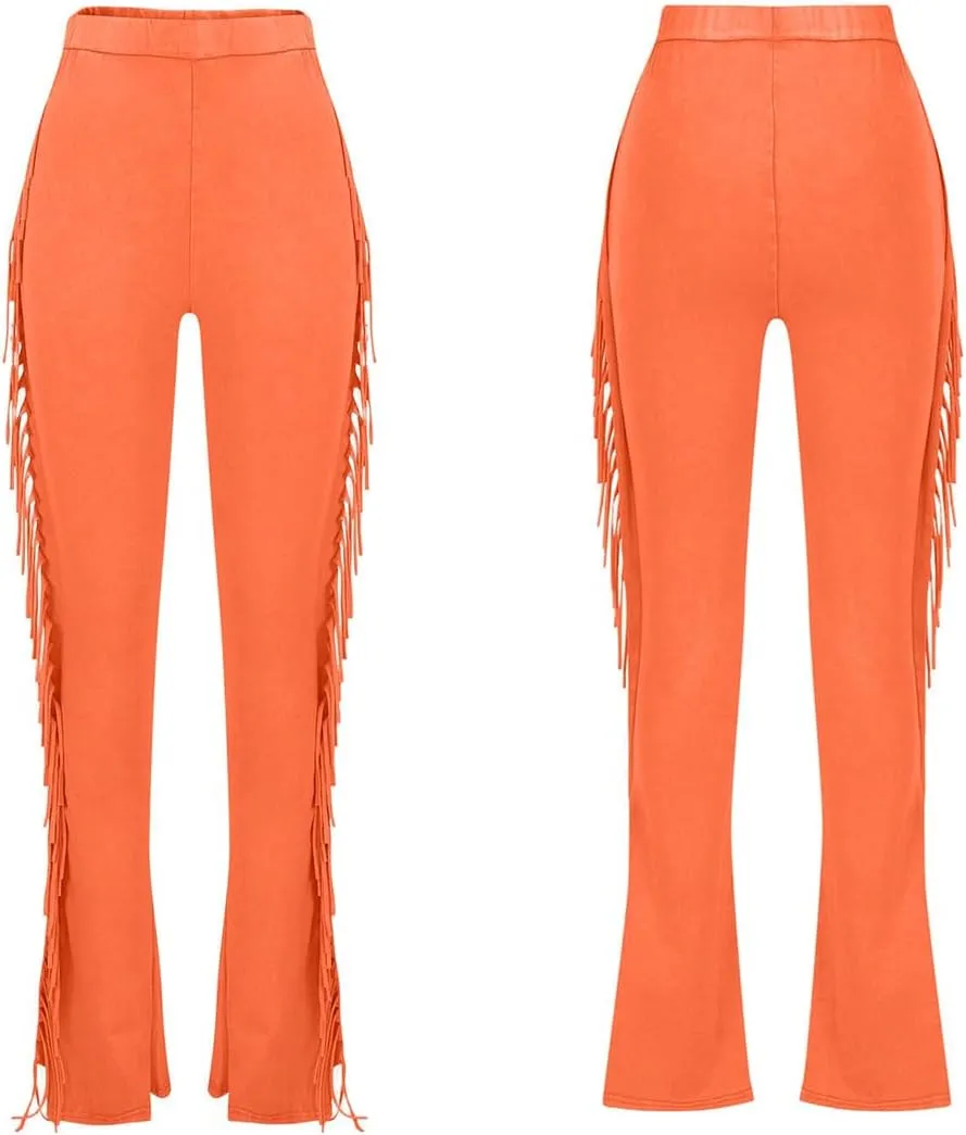 KANSOON Flare Leggings for Women Fringed Side Tassels Acid Wash High Waist Stretchy Skinny Bell Bottom Pants Sweatpants
