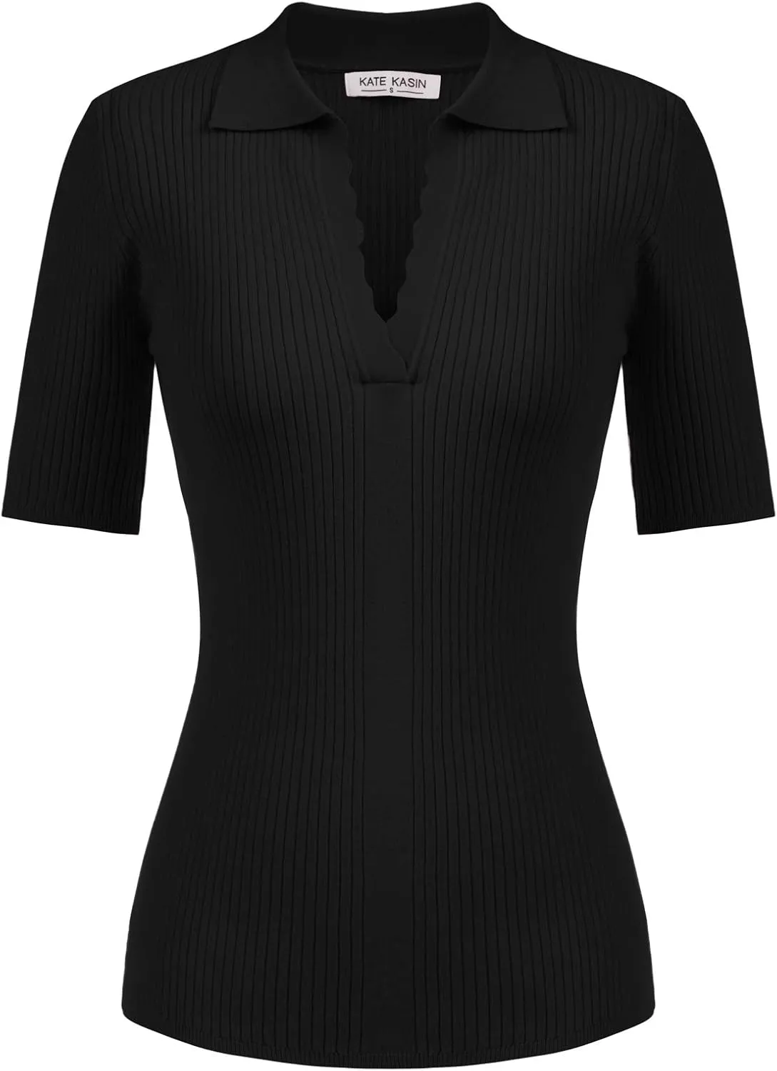 Kate Kasin Women's Polo Sweater Lightweight Knitwear V Neck Short Sleeves Spring Pullover Tops