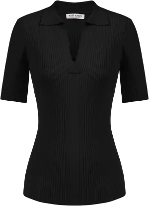 Kate Kasin Women's Polo Sweater Lightweight Knitwear V Neck Short Sleeves Spring Pullover Tops