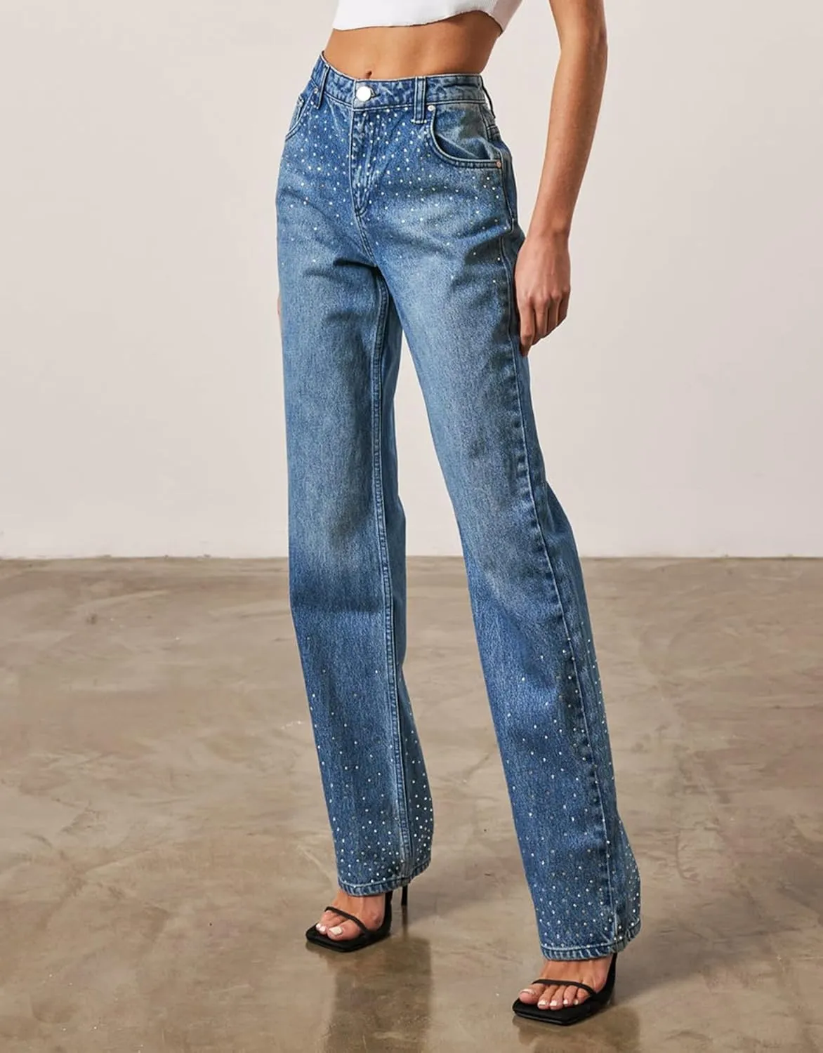 Kedera Womens High Waisted Rhinestone Jeans Straight Wide Leg Bling Denim Pants