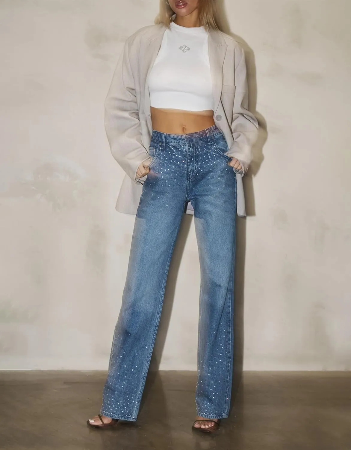 Kedera Womens High Waisted Rhinestone Jeans Straight Wide Leg Bling Denim Pants