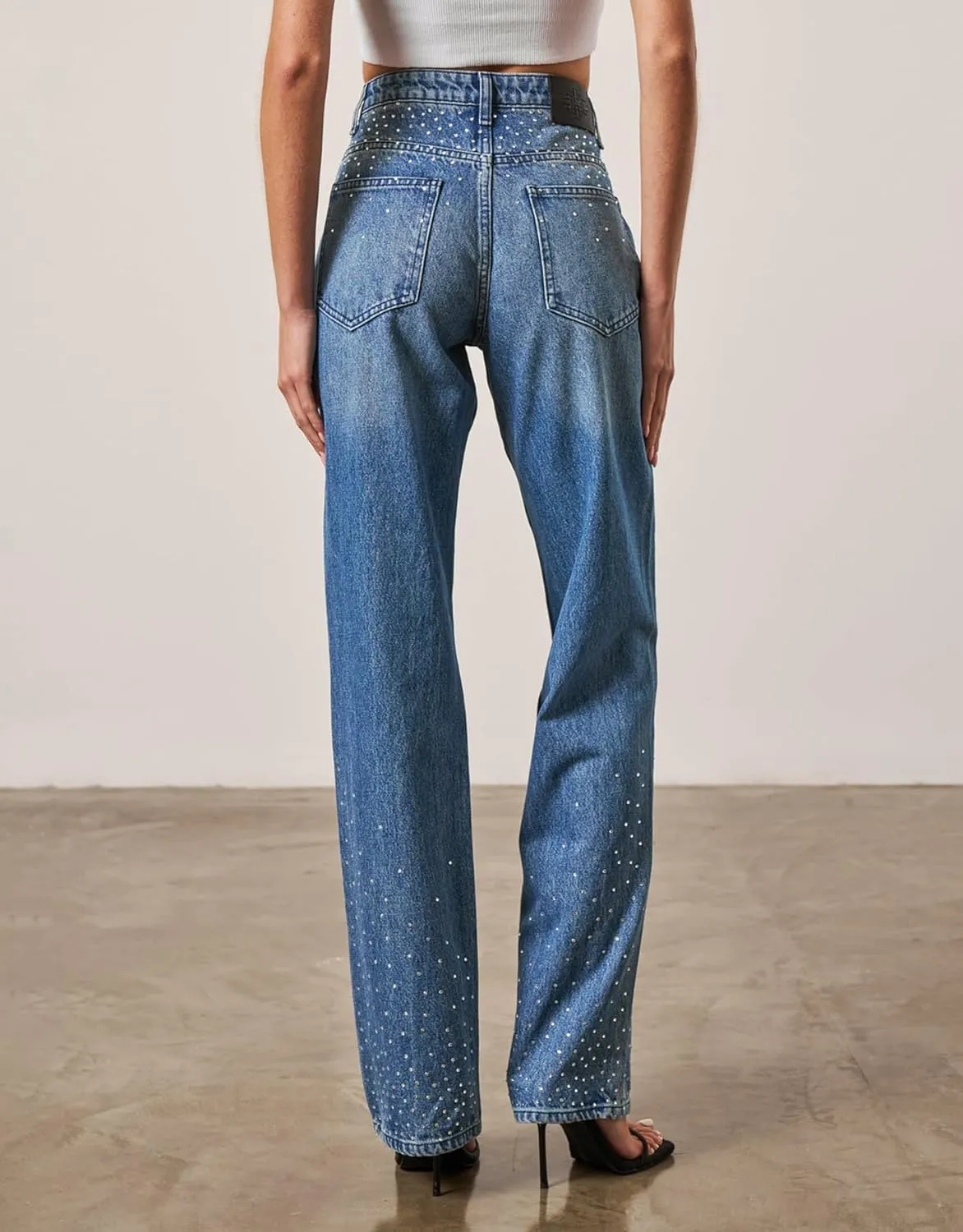 Kedera Womens High Waisted Rhinestone Jeans Straight Wide Leg Bling Denim Pants