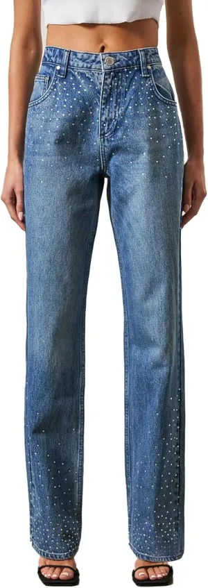 Kedera Womens High Waisted Rhinestone Jeans Straight Wide Leg Bling Denim Pants