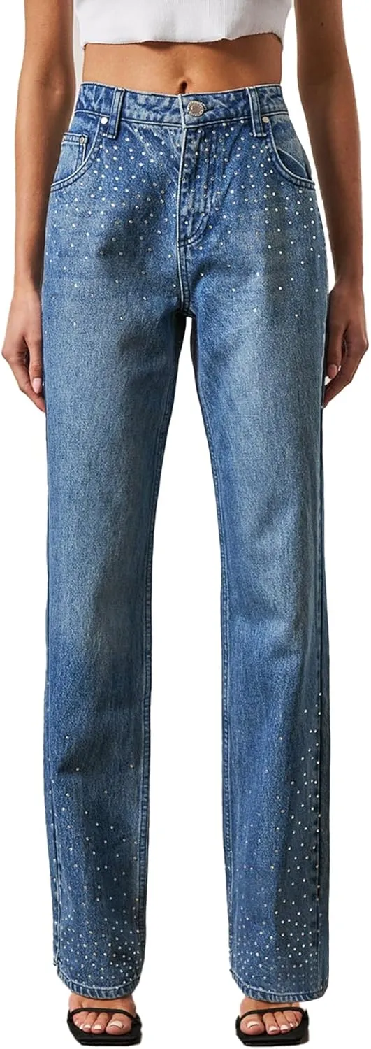 Kedera Womens High Waisted Rhinestone Jeans Straight Wide Leg Bling Denim Pants