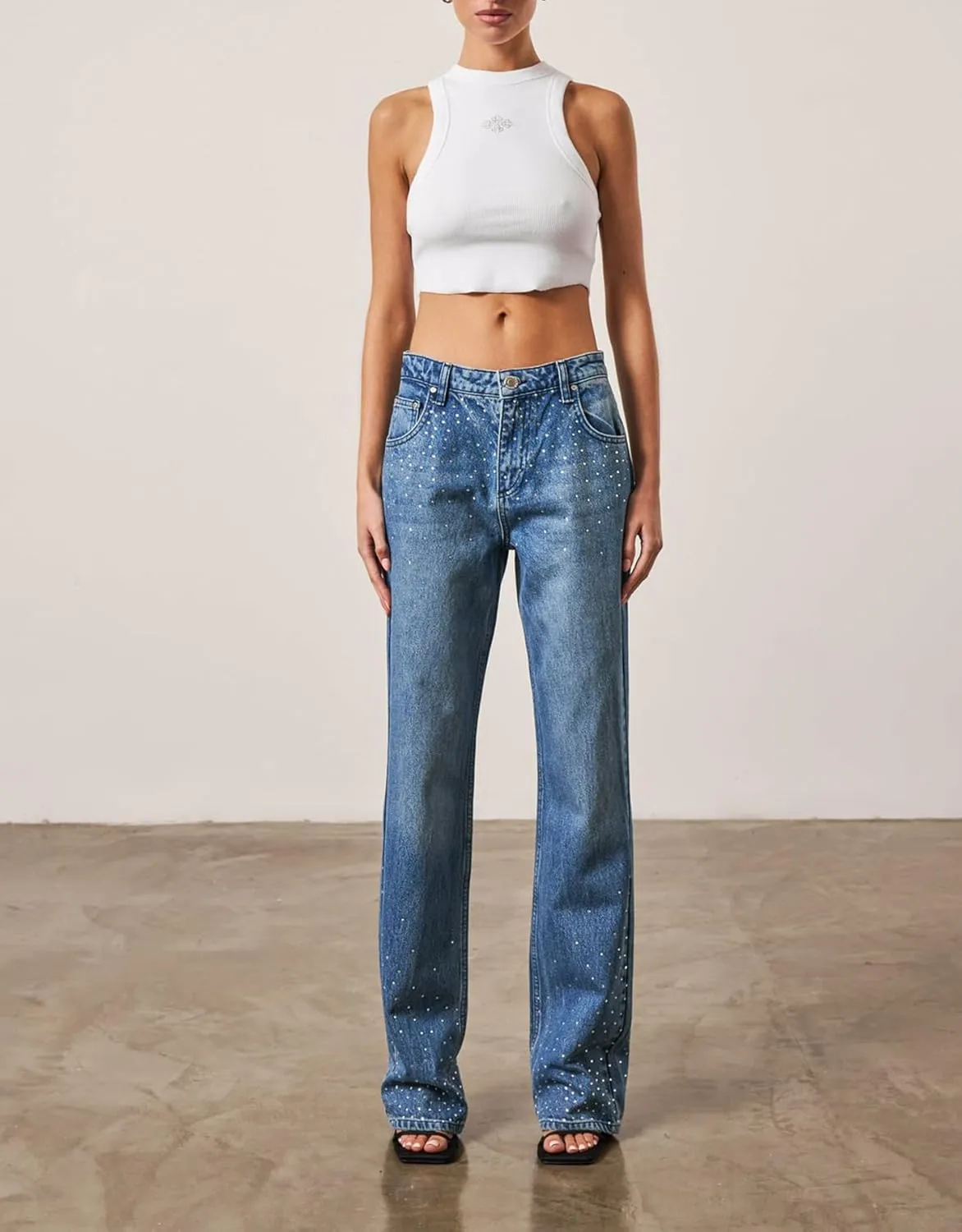 Kedera Womens High Waisted Rhinestone Jeans Straight Wide Leg Bling Denim Pants