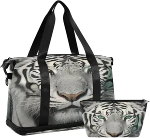 Kigai White Tiger with Green Eyes Gym Bag for Women & Men,Waterproof Weekender Overnight Bag with Shoes Compartment Sports Duffel Bag for Gym Yoga Swimming Camping