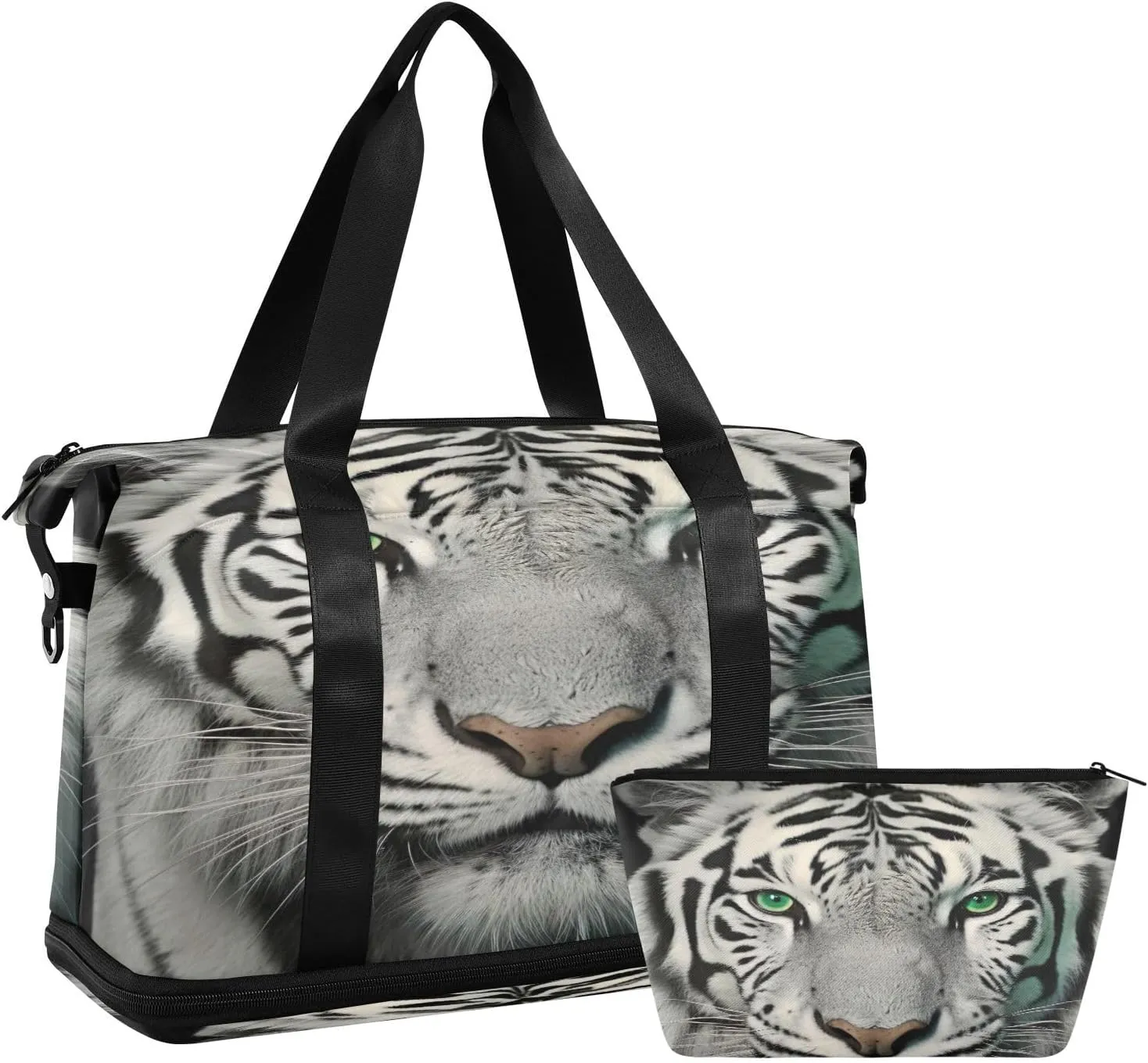 Kigai White Tiger with Green Eyes Gym Bag for Women & Men,Waterproof Weekender Overnight Bag with Shoes Compartment Sports Duffel Bag for Gym Yoga Swimming Camping